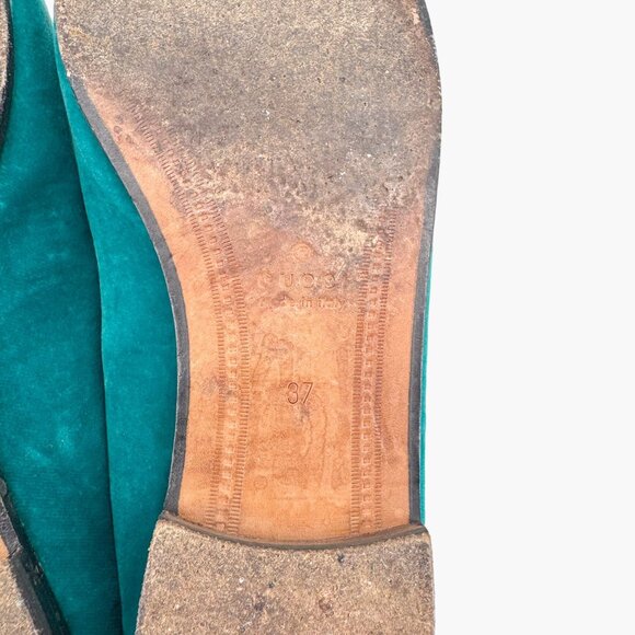 Gucci Jordaan Horsebit Loafer EU 37 US 7 Teal Velvet Flat Buckle Shoe Green Blue - Picture 11 of 12